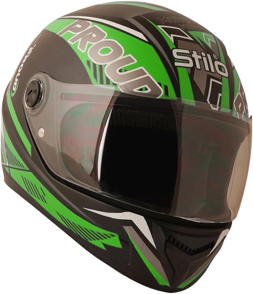 Proud 45 G2 Full Face Graphic Helmet (ISI Certified) Impact Resistant ABS Shell, UV Protection Visor, Enhanced Design & Comfortable (Black Glossy - Green) (Medium)