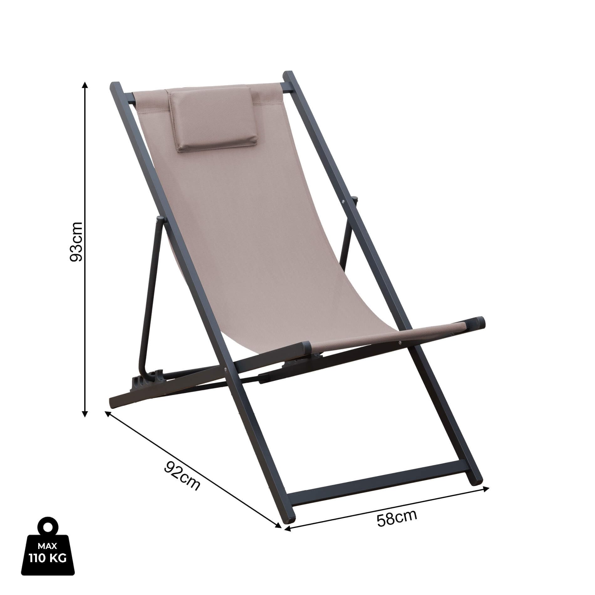 Rebecca Mobili Chaise Longue d’Extérieur, Chaise Pliante pour Jardin, Beige Gris Foncé, Aluminium Polyester, Inclinable, pour Balcon Camping - Dimensions HxLxP : 93 x 58 x 92 cm - Art. RE7146