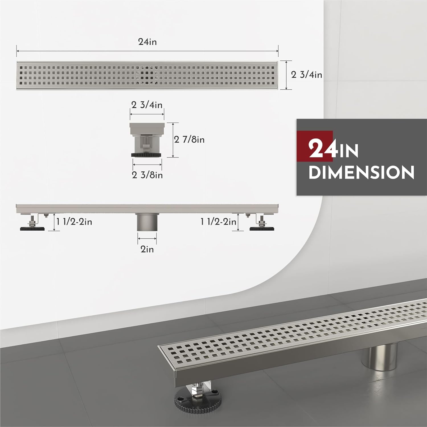WEBANG 24 Inch Linear Shower Drain Rectangular Floor Drain with Accessories Square Hole Pattern Cover Grate Removable SUS304 Stainless Steel CUPC Certified Brushed Nickel Brushed Nickel 24 Inch