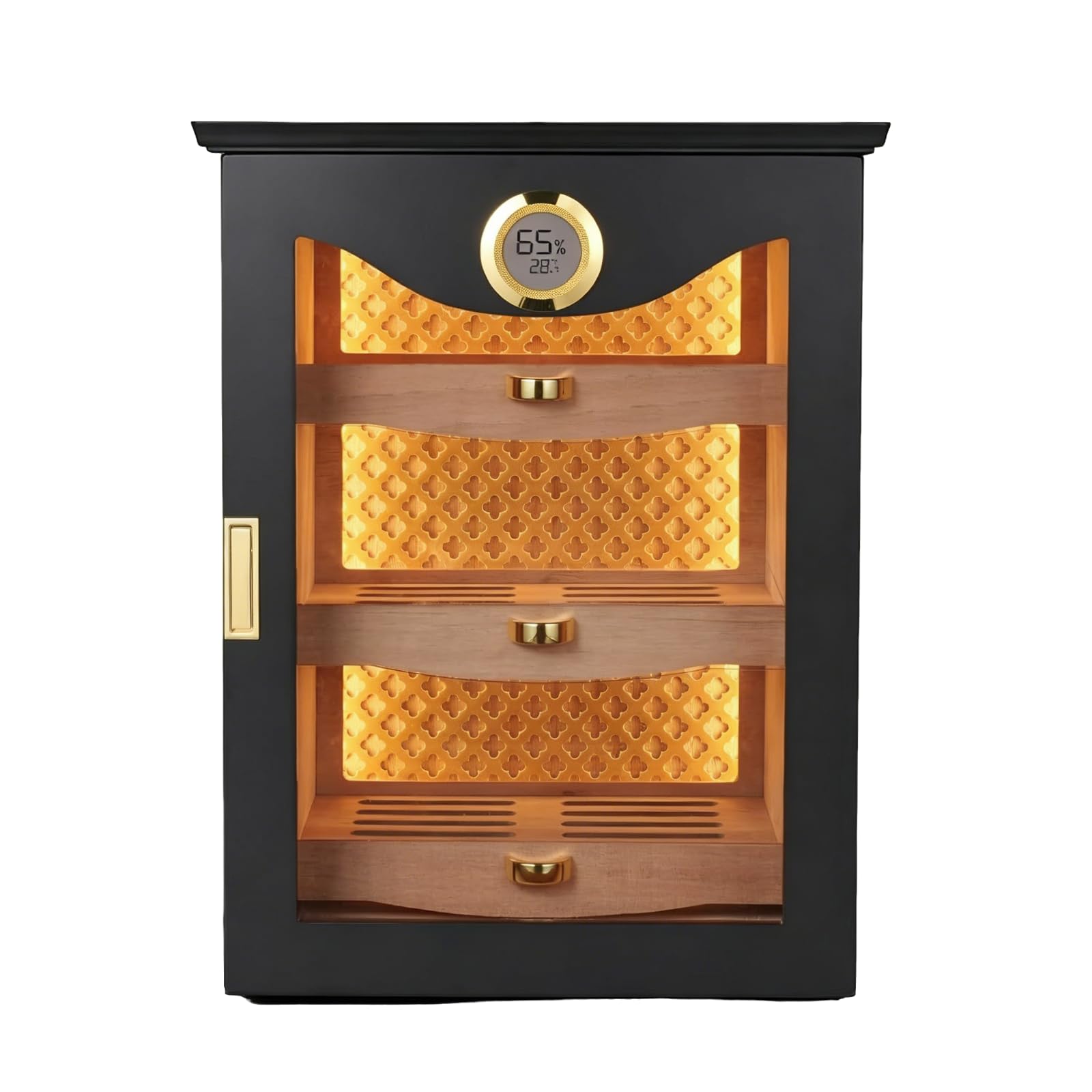 ZHENYUWANG Cedar Wood Humidor With Humidifier And Digital Hygrometer, 3 Large-Capacity Drawers, Holds 130 Cigars black