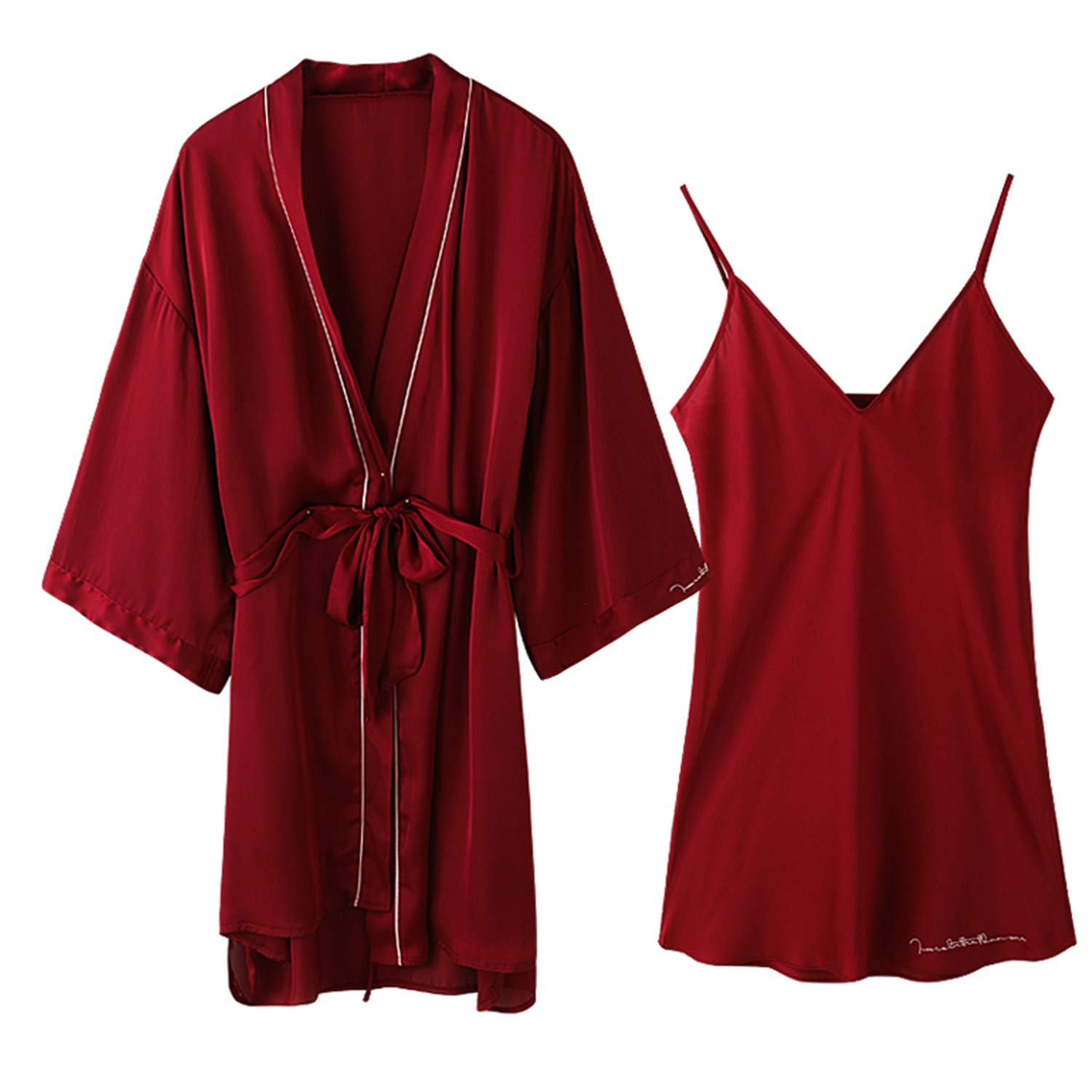 Conjunto De Vestido De Mujer, Lujoso Albornoz De Satén con Cinturón, Pijama De Verano Transpirable, Elegante Regalo De Boda, Rojo Vino L