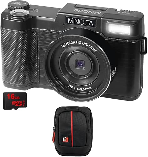 Minolta MND30-BK 30MP 27K Ultra HD 4X Zoom Digital Camera Black Bundle with Deco Photo Point and Shoot Field Bag Camera Case BlackRed
