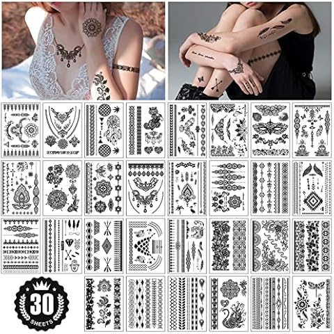 Temporary Tattoos for Women, CAYUDEN 30 Sheet Waterproof Temporary Tattoos Paper Girls Women Temporary Tattoo Kit Small Fake Tattoos Sleeves Sexy Lace Tattoos Adult Arm Neck Face Leg Tattoo Sticker Cover