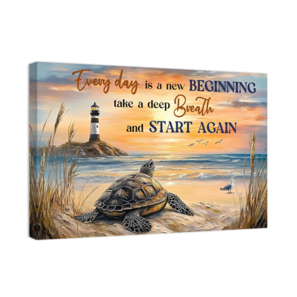 ZQQART Sea Turtle Wall Art Coastal Turtles Canvas Ocean Animal Picture Beach Calm Quotes Painting Bathroom Living Room Wall Decor Framed(Grey,18L x 12W)