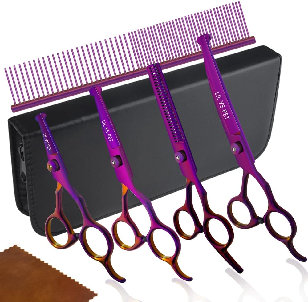 Safety Round-tip Scissors Set Professional PET Dog Grooming Coated Titanium Scissors Suit Cutting&Curved&Thinning Shears (Purple)
