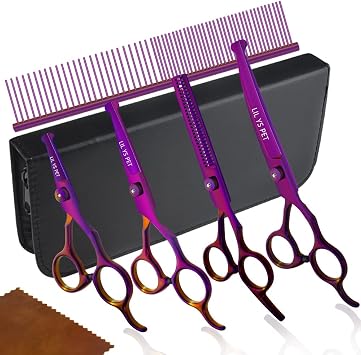 Safety Round-tip Scissors Set Professional PET Dog Grooming Coated Titanium Scissors Suit Cutting&Curved&Thinning Shears Purple