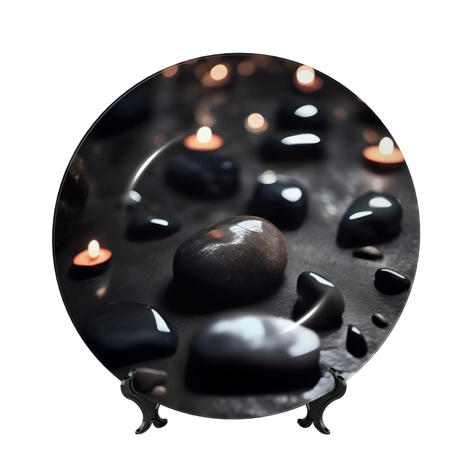 SXZVVBN Black Mystery Heart Stone Bone China Decorative Plate Art with Stand Removable Adhesive Hanging for Home Office 8in（20cm）