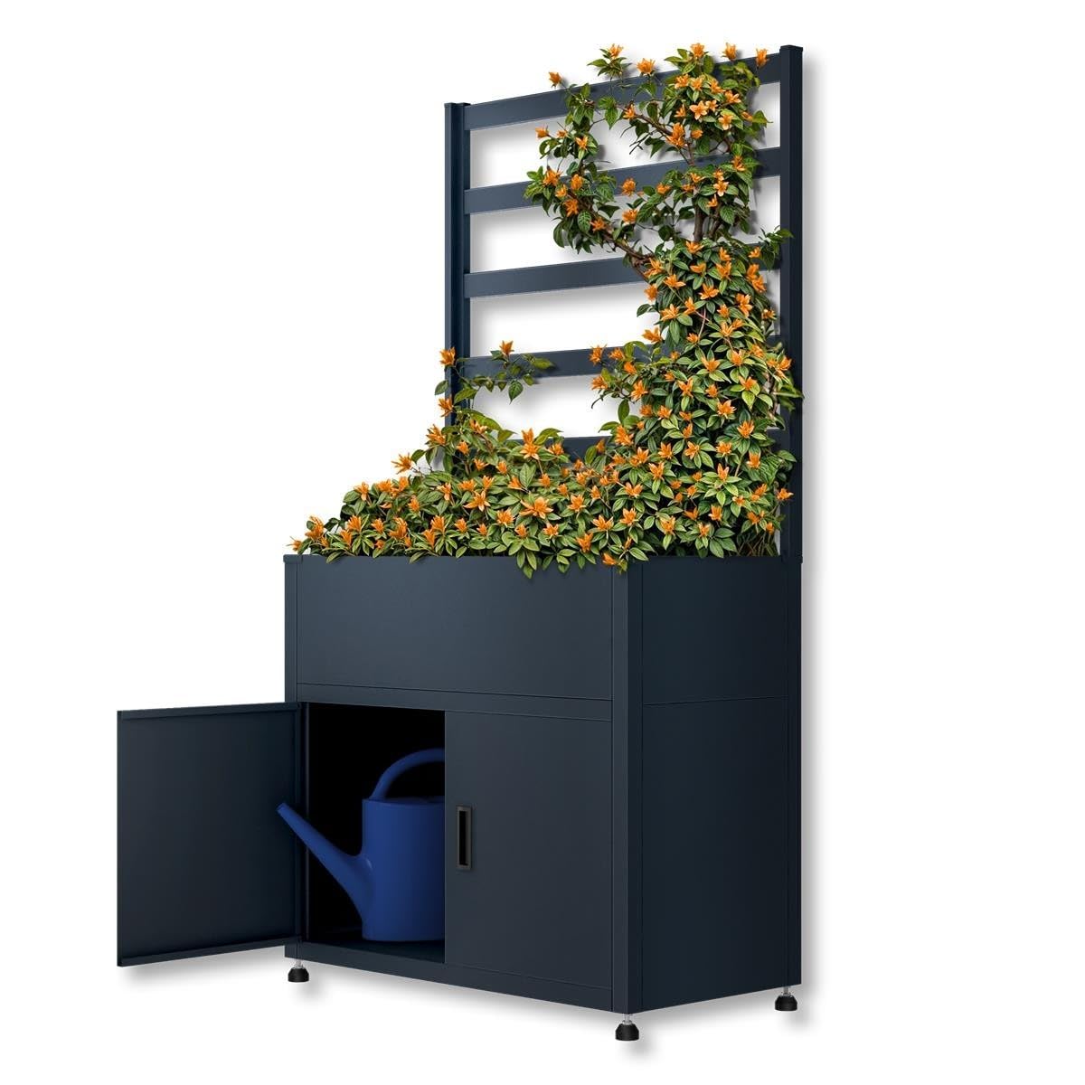 Metzler RAL7016 - Jardinera para jardín con espacio de almacenamiento y rejilla para plantas, acero revestido en aerosol antracita