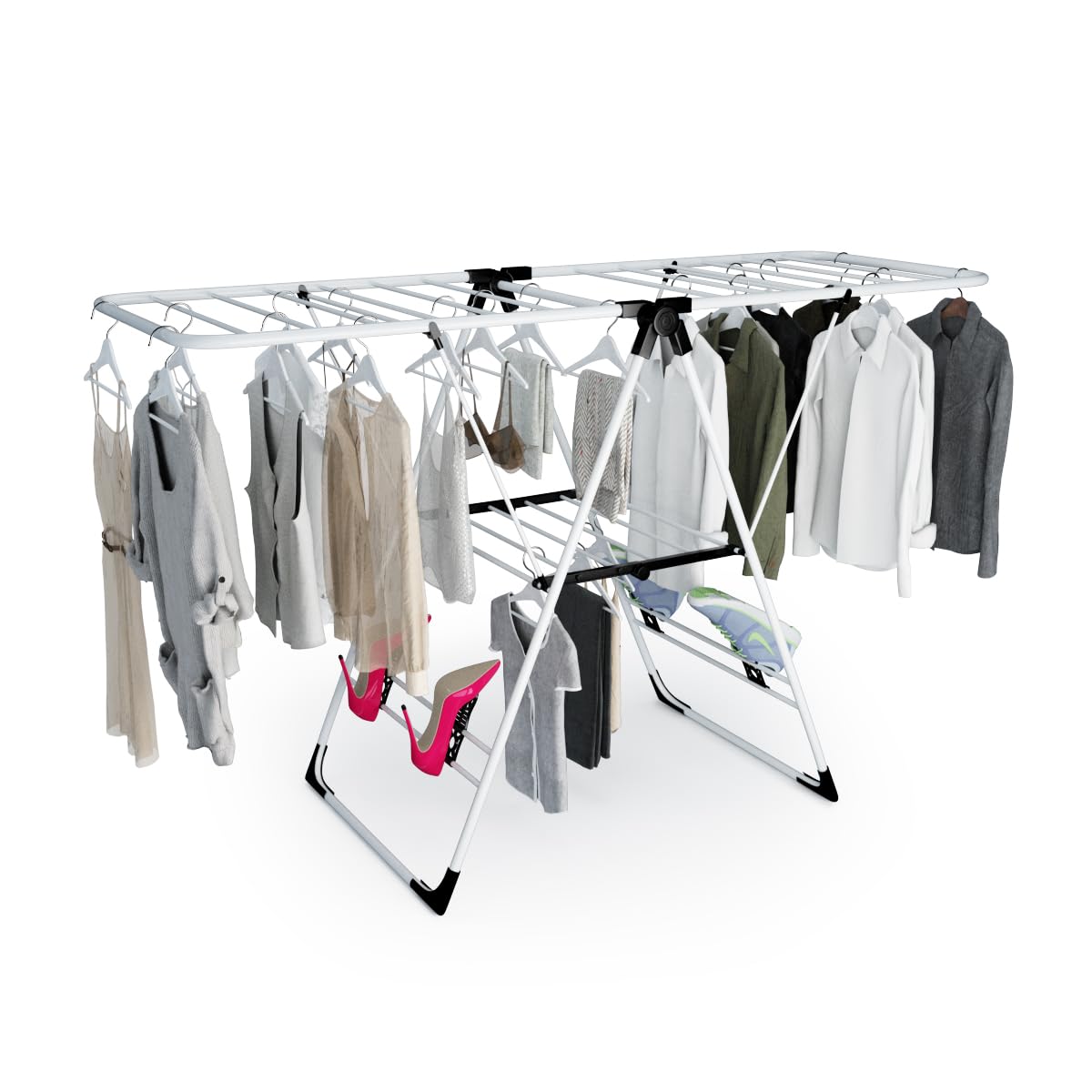 HOMASIS Tendedero Plegable, Perchero Extensible con Doble ala Ajustable, Tendedero portátil de Acero y plástico con rieles de Secado y Soportes para Zapatos, para Interior y Exterior, 137x50x90cm