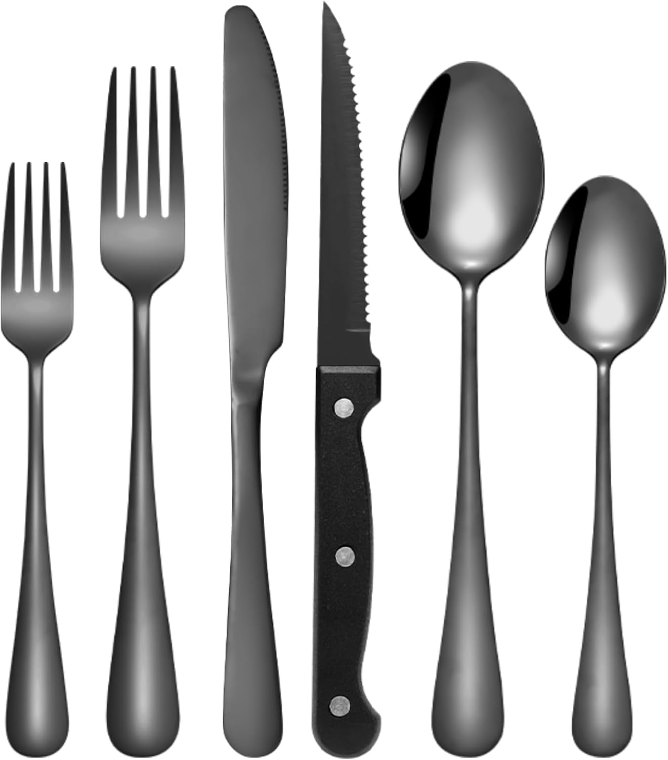 24 piece black silverware set with steak knife, food grade stainless steel tableware, mirror polished, suitable for home and restaurant use