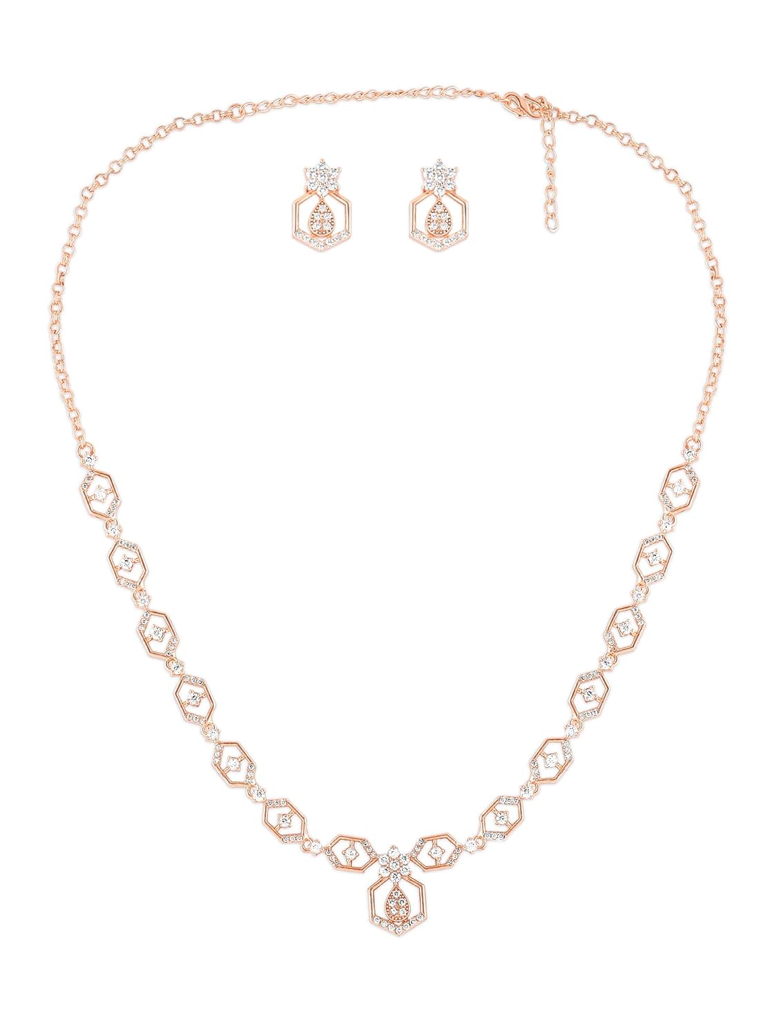 ZAVERI PEARLS Rose Gold Dazzling Cubic Zirconia Bling Necklace & Earring Set For Women-ZPFK15218