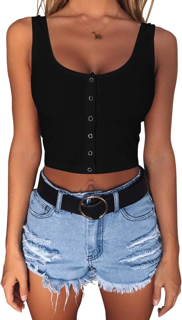 Minthunter Women's Casual Sleeveless Button-Down Shirts Basic Camisole Crop Tank Tops