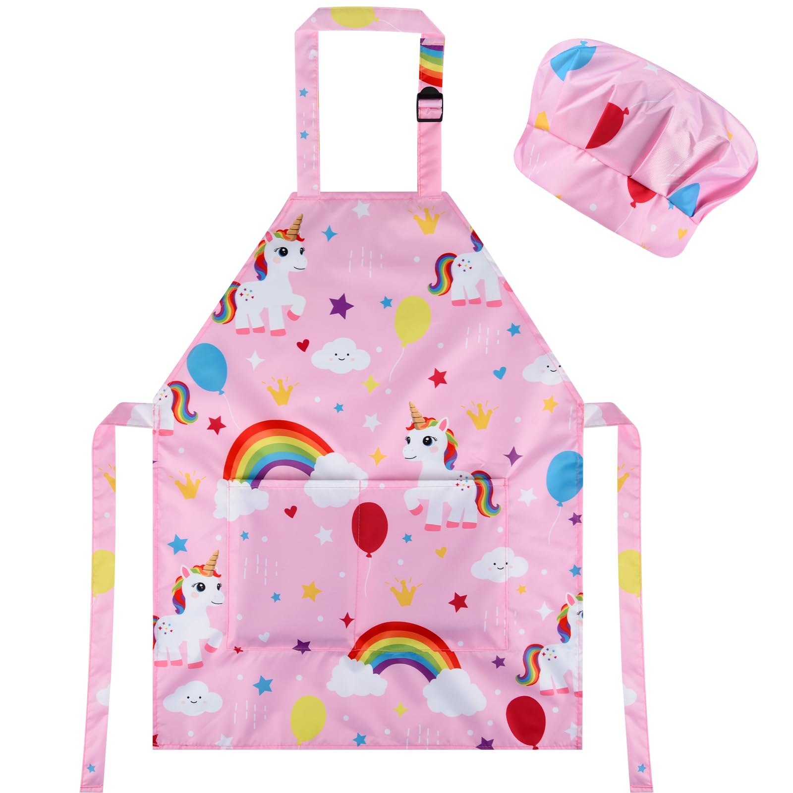 CHRORINE Kids Chef Apron and Chef Hat Set Girls Boys for Cooking Baking Art Painting Activity, Unicorn- Pink