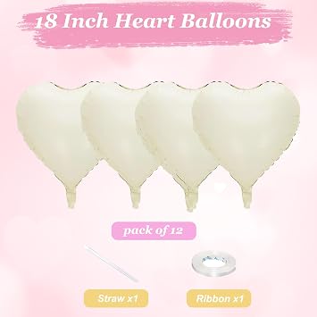 Heart Foil Balloons Pack of 12 18 Inch Heart Helium Balloons Beige Cream White Heart Balloons Wedding Helium Balloon Hearts Heart Balloons for Birthday Valentine's Day Engagement Mother's Day