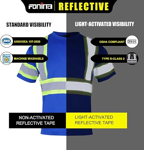 Miniatura 6 de FONIRRA Hi Vis - Camiseta de seguridad para hombre, ANSI Clase 2, camisa de trabajo reflectante de alta visibilidad con parte inferior negra de