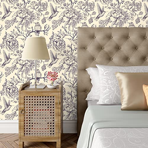VEELIKE Peony and Bird Wallpaper 44.5cm×900cm Vintage Beige Floral Wallpaper Leaves Tropical Wall Mural Flower Contact Paper Peel and Stick Vinyl Cabinet Cover Worktop Bedroom Bathroom Removable - Image 4