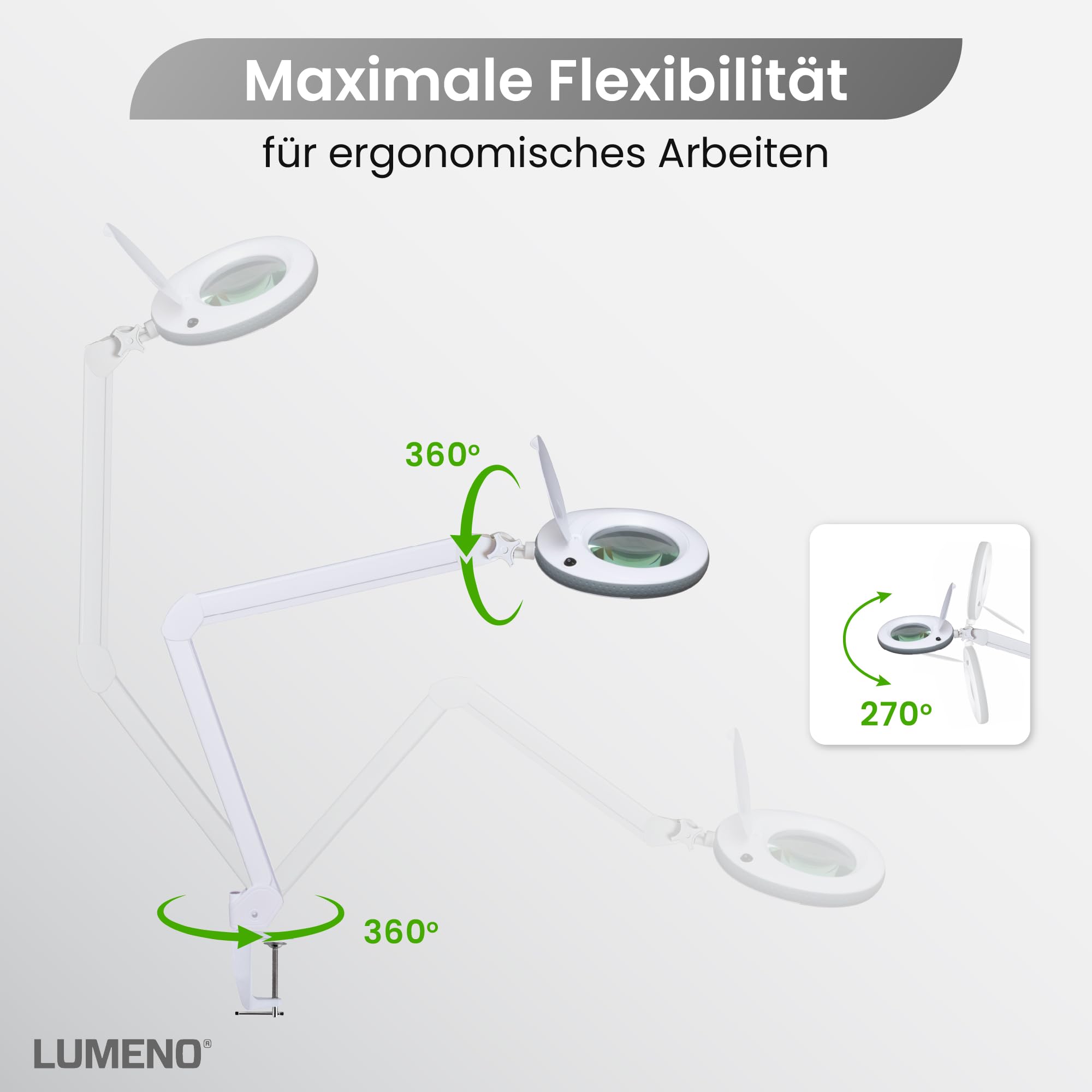 Lumeno Lupenleuchte LED 7215GR, 127 mm Glaslinse, 5 Dioptrien, Standlupe mit Licht, Grau