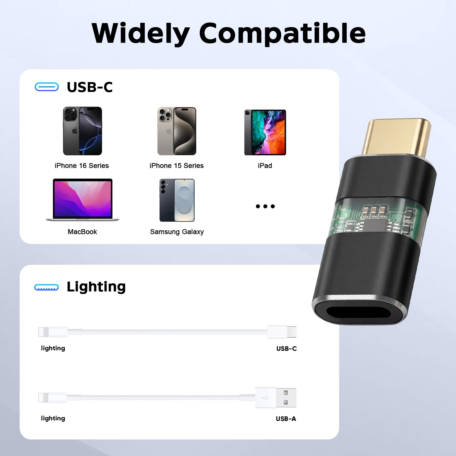 Adapter Lighting na wtyczkę USB-C (2 szt.), obsługuje ładowanie i synchronizację danych do iPhone 17/16/15, iPad Pro/Air, nie pasuje do audio/OTG (czarny)