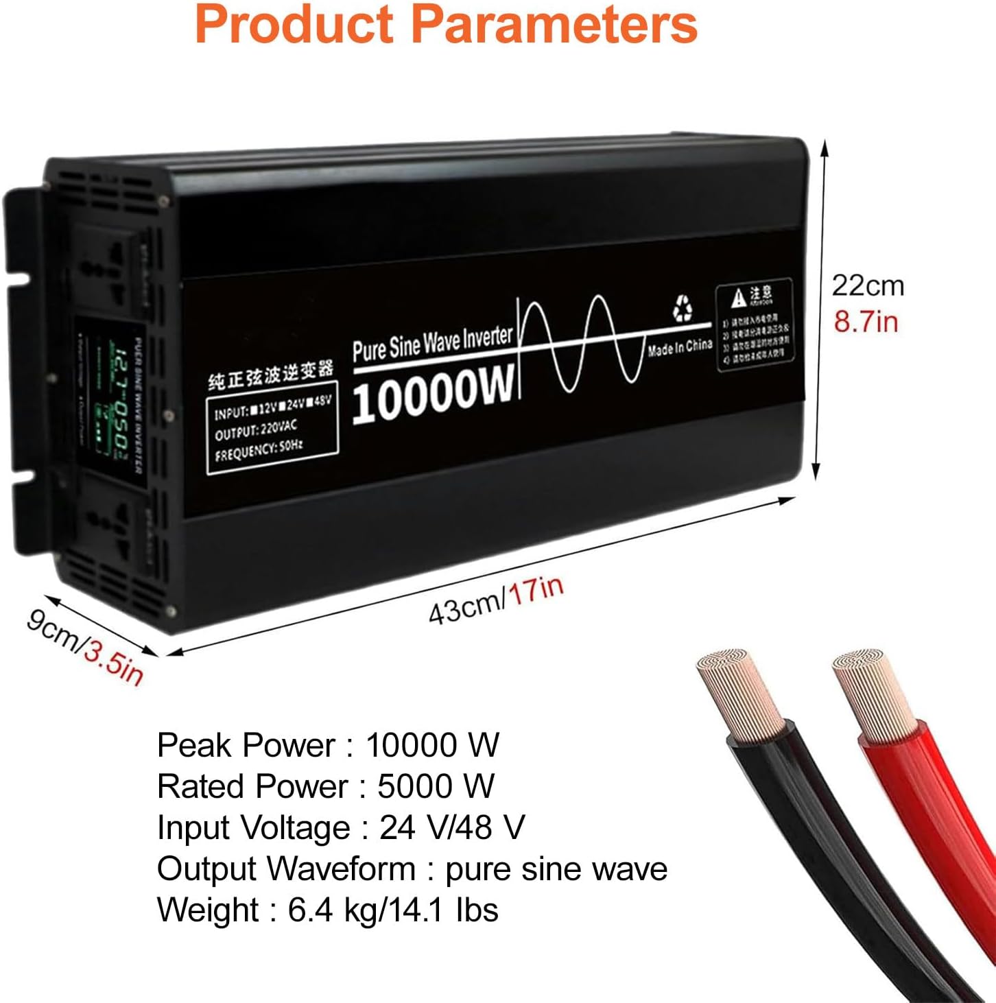 Dimensions and key specifications of the 10000W power inverter