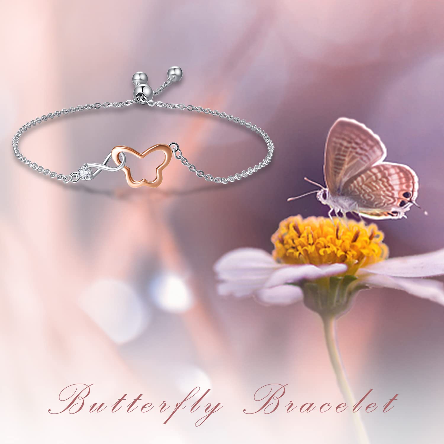 PRAYMOS Pulsera infinita de plata de ley con forma de mariposa/corazón de amor, joyería regalo de cumpleaños para mujeres, niñas, esposa, mamá, hermanas, cadena ajustable de 7 pulgadas + 2 pulgadas