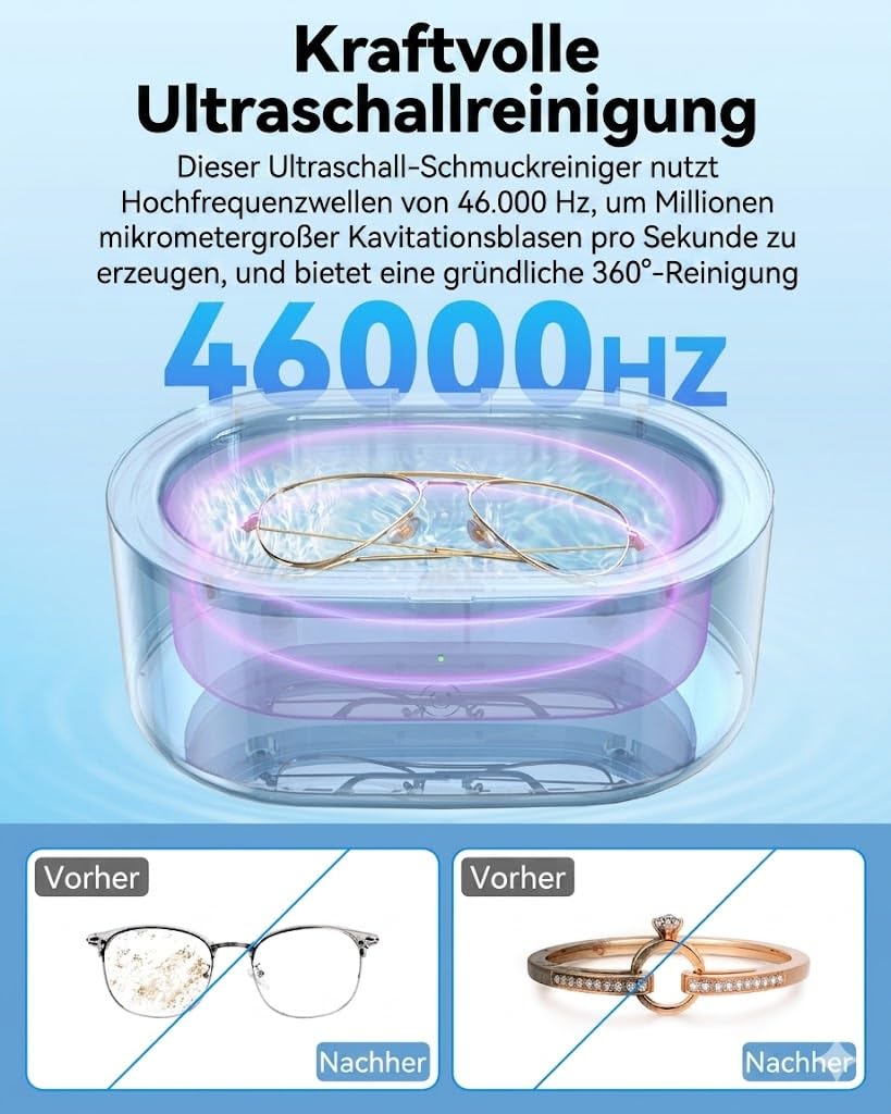 Jeatone Ultraschallreinigungsgerät Brille,Ultraschallreiniger 600ml 46KHz,Ultraschallgerät Ultrasonic Cleaner für Brillen Schmuck Uhren Zahnschiene Zahnprothesen Kontaktlinsen Glasses Jewelry Aligner
