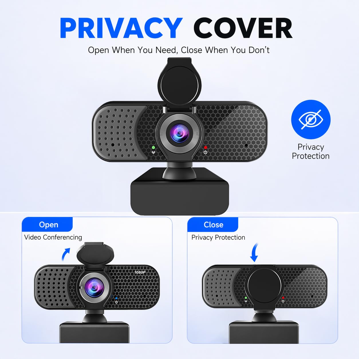 Webcam USB 1080P con doppio microfono e copertura per la privacy, autofocus plug-and-play, grandangolo, luce bassa, clip regolabile e treppiede da 1/4", per Zoom/Teams/Google Meet/OBS su