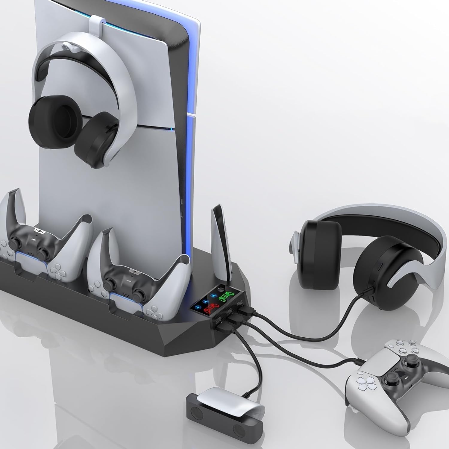 XICEN PS5 /PS5 Slim /PS5 Pro Console,Vertical Stand Base for PS5 Disc/Digital Edition Dual PS5 Controller Charger PS5 Accessory Turbo Fan/3 Usb Hub/Headset Holder (Black)