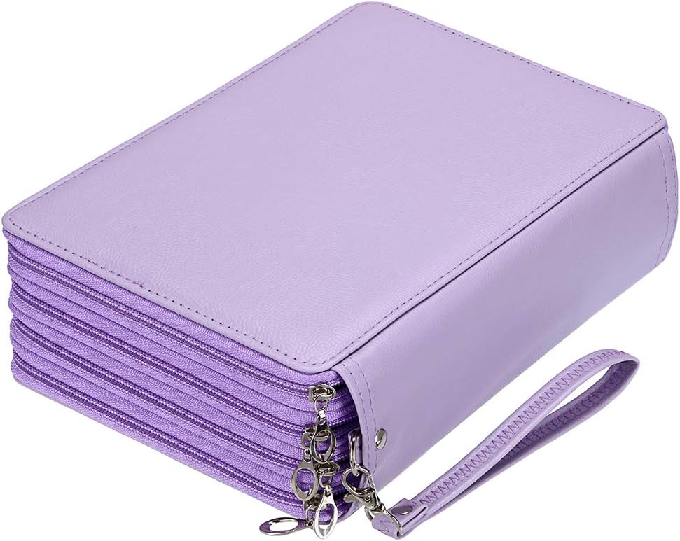 BTSKY 200 Slots Colored Pencil Organizer - Deluxe PU Leather Pencil Case Holder With Removal Handle Strap Pencil Box Large for Colored Pencils Watercolor Pencils Purple