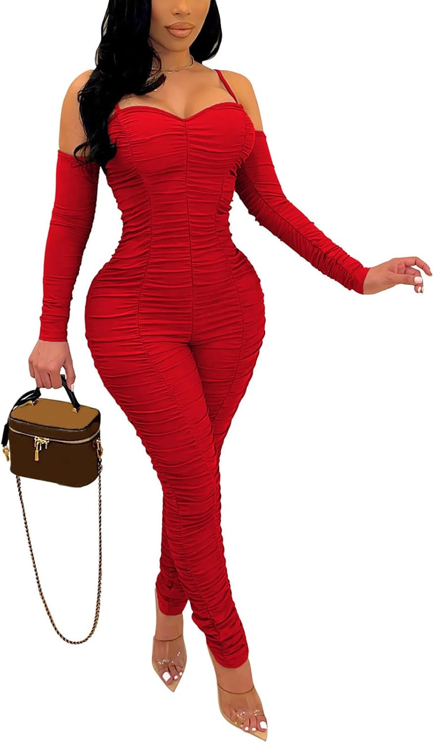 WOKANSE Women's Sexy Ruched One Piece Bodycon Cold Shoulder Long Sleeves Solid Jumpsuits Long Pants Romper