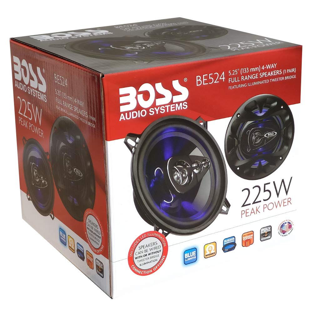 2 Haut-parleurs Compatible avec Boss Audio Systems BE524 BE 524 coaxial 4 Voies 5,25" 13,00 cm 130 mm 112 Watts rms 225 Watts Max 4 ohms 90 DB avec LED Bleu et Suspension en Gomme, la Paire