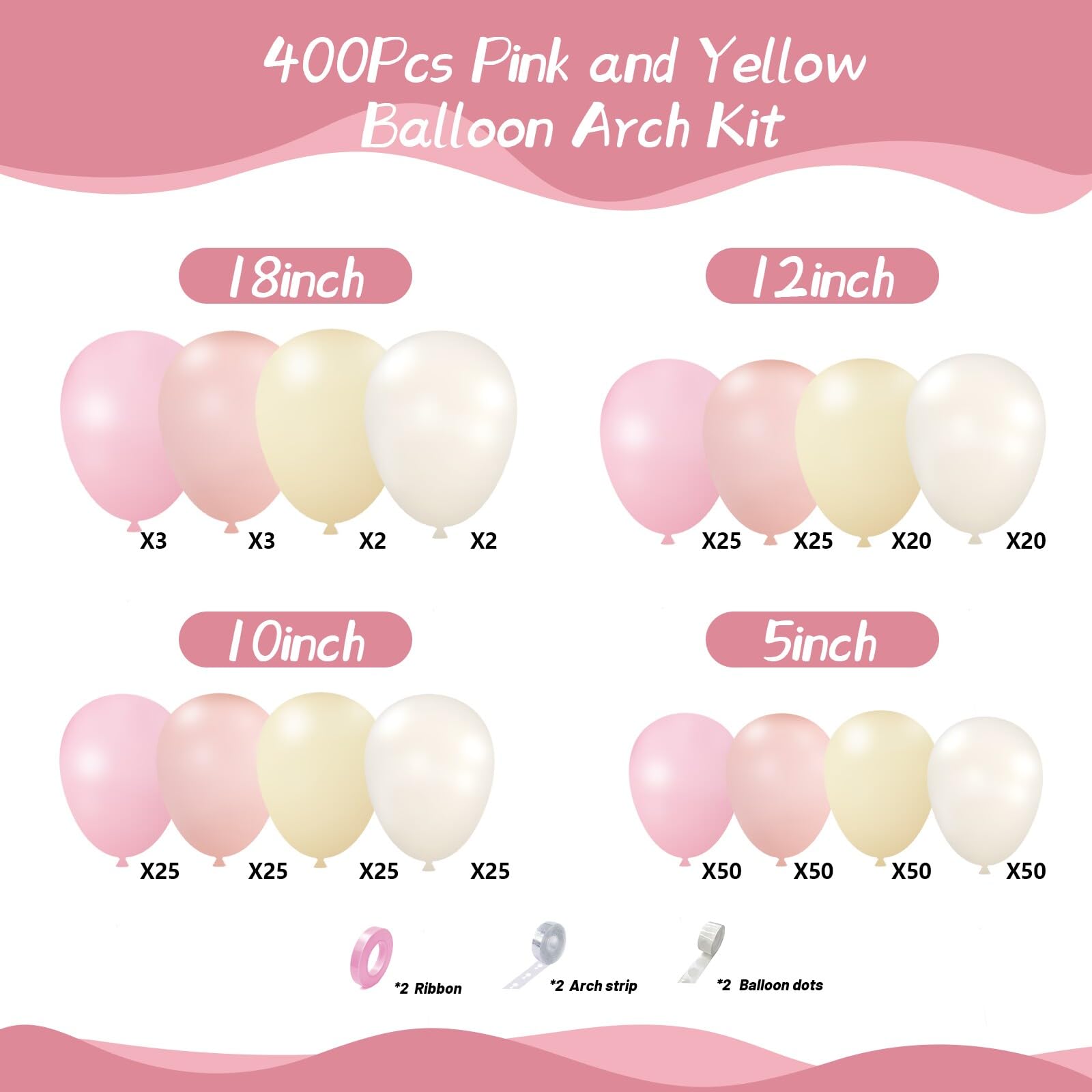 Kit di 400 palloncini rosa e giallo, 45,7 cm, 30,5 cm, diverse dimensioni, rosa pastello, giallo, rosa chiaro, sabbia, bianco, palloncini in lattice per compleanno, orso, baby shower, decorazioni per
