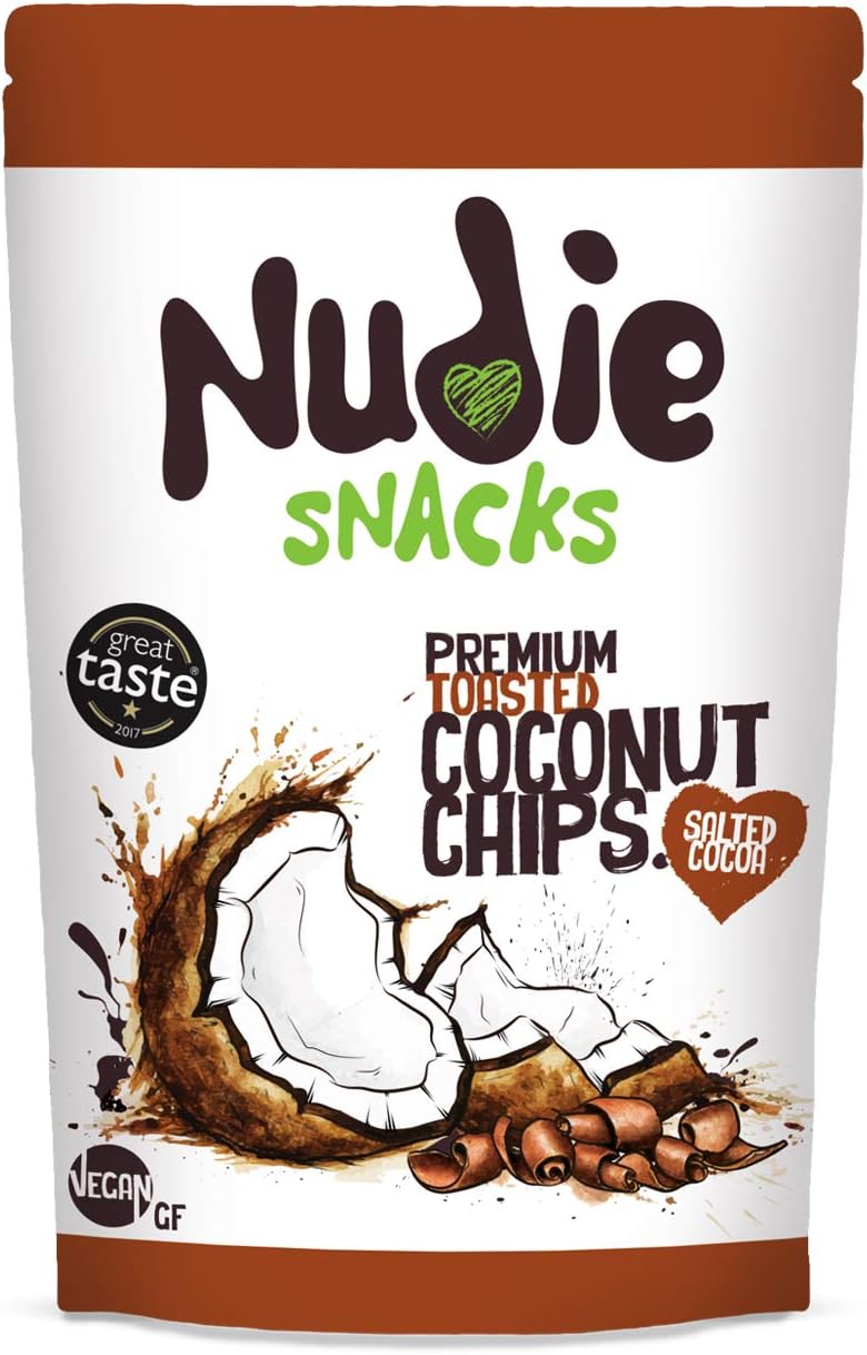 Premium Coconut Chips - Salted Cocoa Toasted Coconut Flakes by Nudie Snacks - Vegan, Vegetarian, Gluten Free, Plant Based Snacks (Salted Cocoa Coconut Chips 35g Packs)