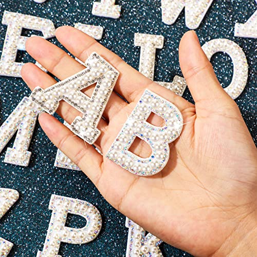 52 Pcs Iron On Letters Pearls Bling Rhinestone English Patches Alphabet A-Z Glitter Pearl Letter Patches For Diy Sew Fabric Craft Supplies Jackets Clothes Decoration Patches Appliques, White #TOP2