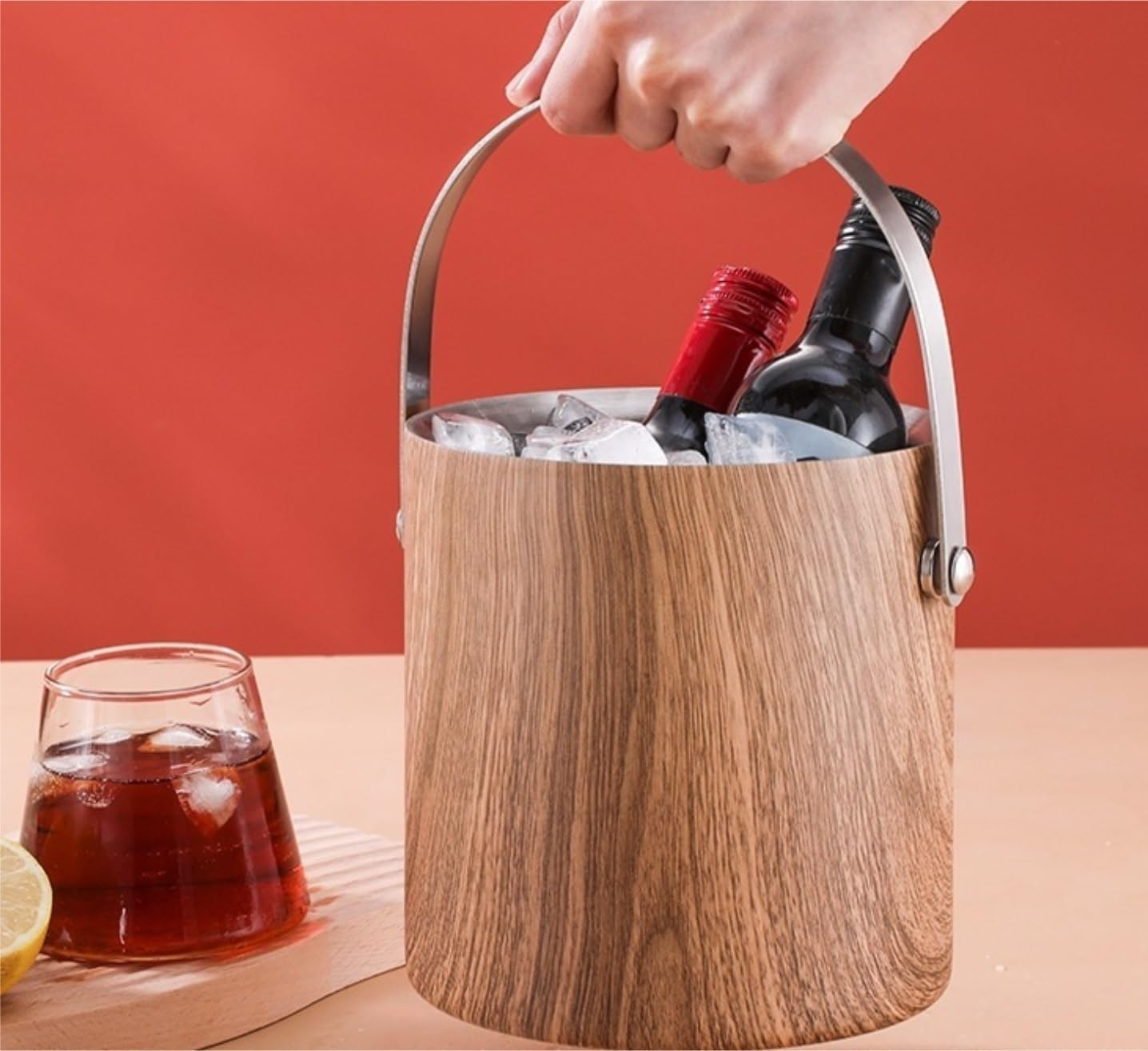 Ice Bucket Ice Bucket with Lid Tong Stainless Steel Beverage Container Outdoor Events Bar Accessories(Brown,14X13.8CM)