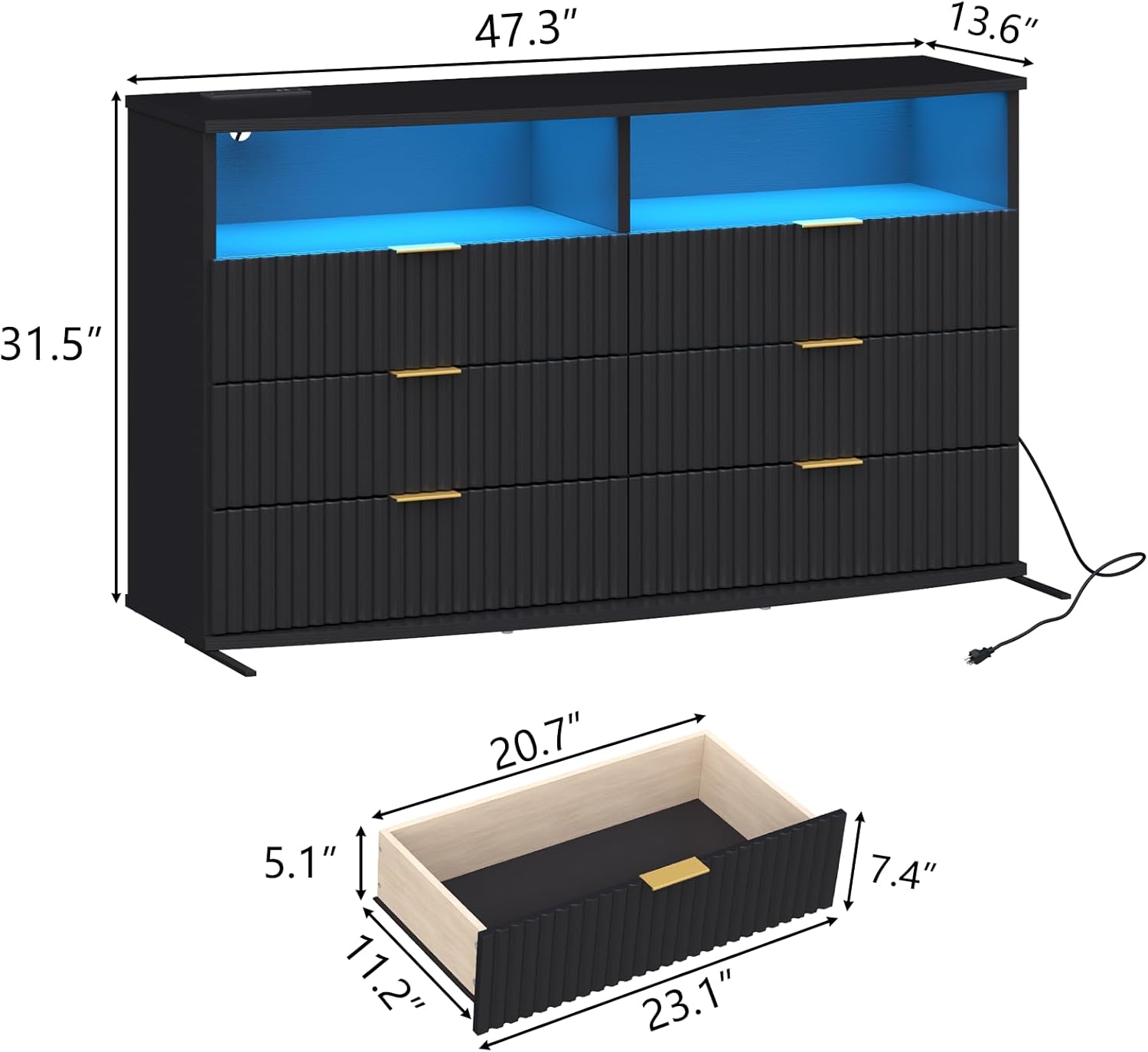 Fluted 6 Drawer Dresser with LED Lights, Modern Black Chest of Drawers with Power Outlet & Curved Top, Wood Dresser TV Stand, Black Double Dresser for Bedroom, Living Room, Hallway