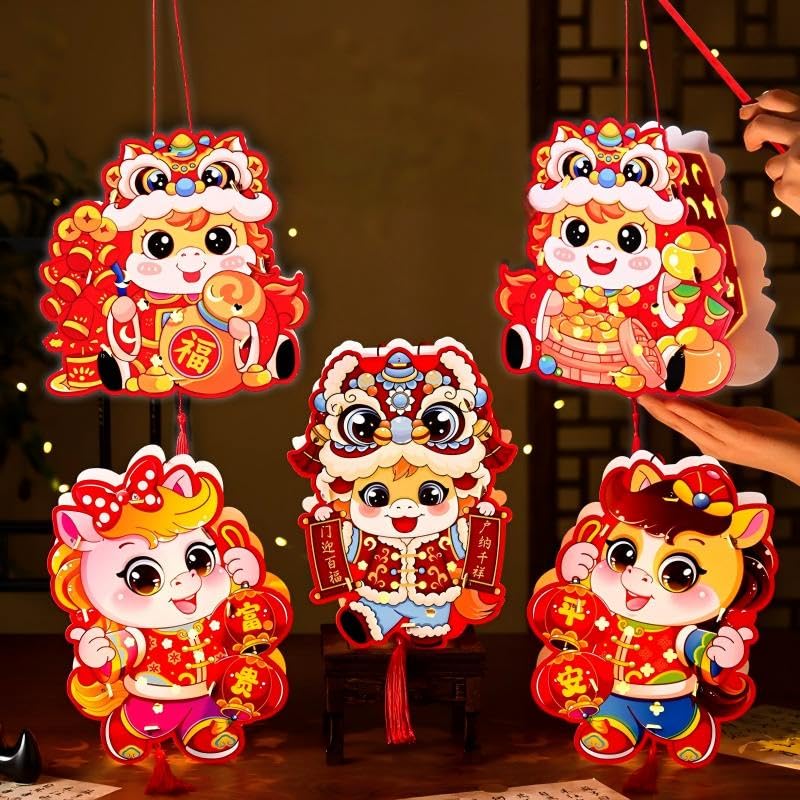 Image of 3pcs Cute Horse DIY Paper Hand-held Lantern Chinese New Year 2026 Festival Lantern Traditional Festival Home Holiday Decoration