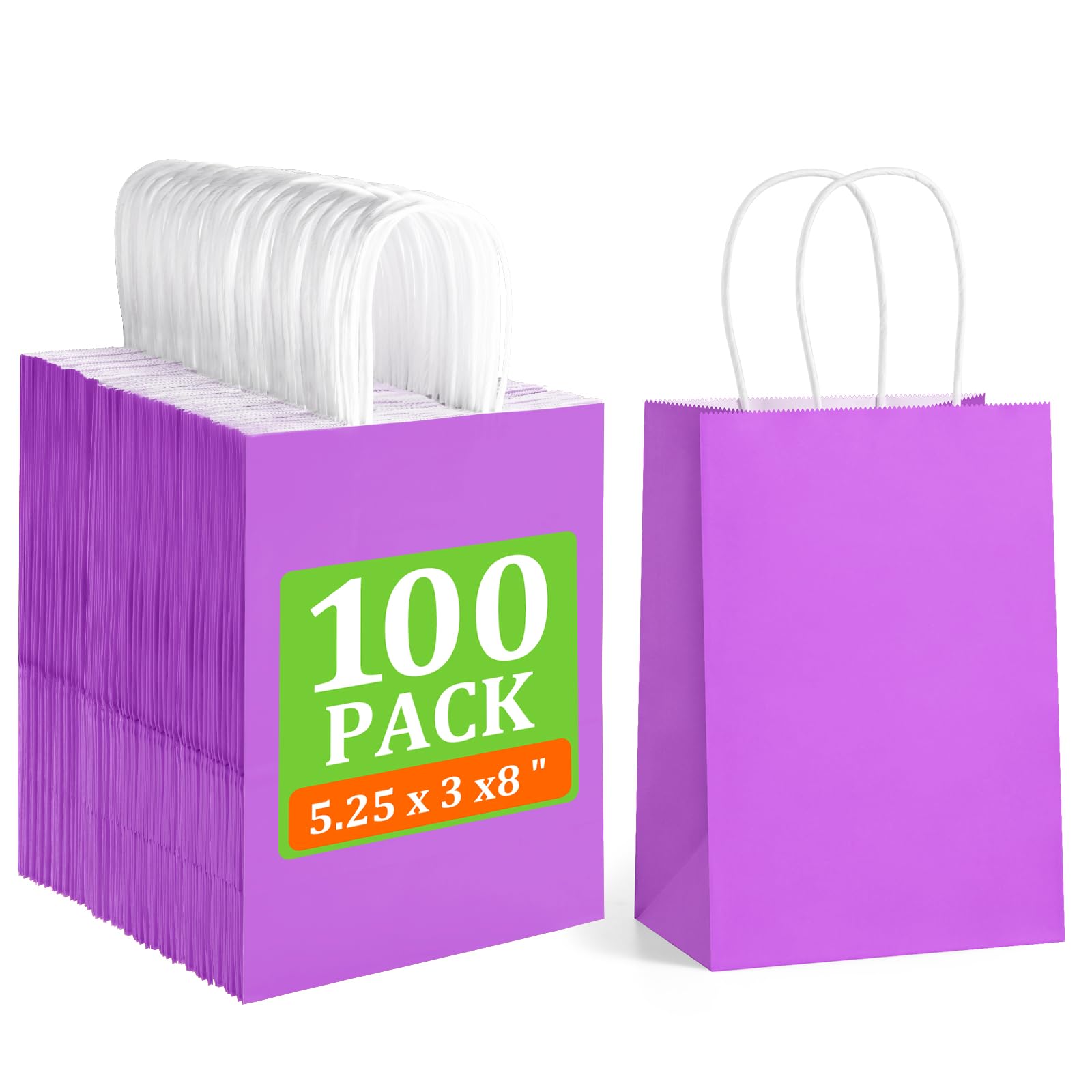 BagDream 5.25x3x8 Inch 100Pcs Purple Gift Bags with Handles Small Kraft Paper Bags Bulk for Welcome Party Favors, Baby Shower, Goody, Treat, Retail,