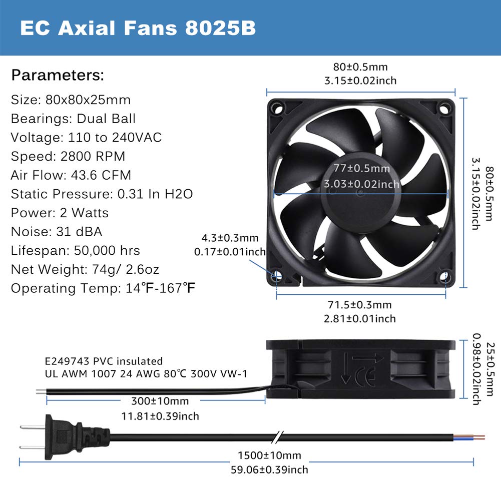 Ventilador de refrigeración EC 3.150 in x 3.150 in x 0.984 in AC 110V 115V 120V 220V 240V Rodamiento de bolas dual 6