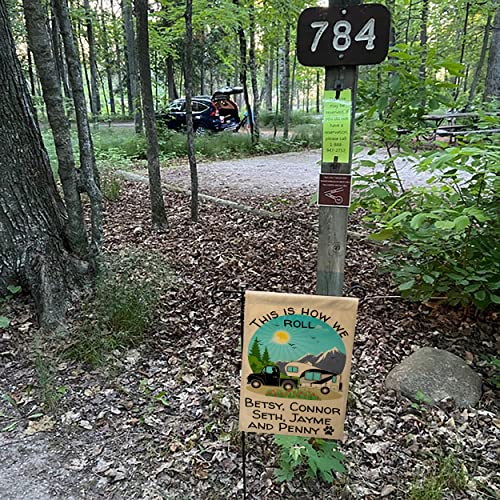 This Is How We Roll, Personalized Camping Themed Garden Flag With 3 Lines Of Custom Text, Black Truck And 5Th Wheel On Tan Outdoor Fabric #TOP7
