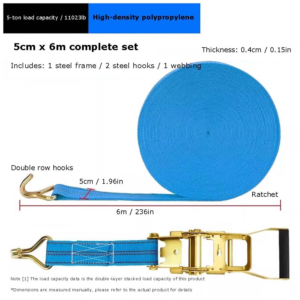 2 Juegos De 6000 Kg De Correas Tensoras con Trinquete Y Gancho 50 Mm Cincho con Trinquete Y Gancho De Poliéster Correas Tensoras con Gancho para Remolque Motocicleta(W5cm/1.96in,L5m/196in)