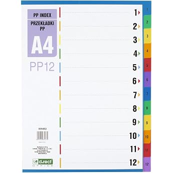 D.RECT A4 Index Dividers 1-12 - PP Dividers with Colour Indexes - Multicoloured - Universal Punching for All Folders - Document & Document Tabs
