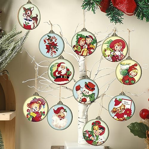Image of 24 Pcs Christmas Wood Ornaments Vintage Christmas Decorations for Tree Xmas Santa Claus Bell Candy Cane Wood Cutout Winter Hanging Tag Sign Christmas Decor for Christmas Tree Holiday Party Home