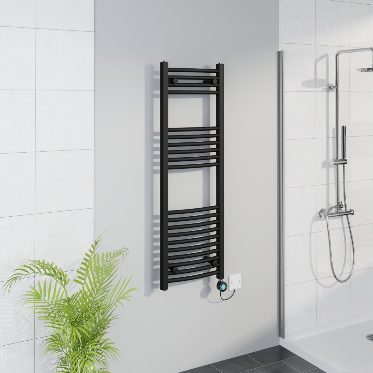 Warmehaus Black Smart Wifi Thermostatic Electric Bathroom Curved Heated Towel Rail Warmer Radiator With Timer 1200X400mm