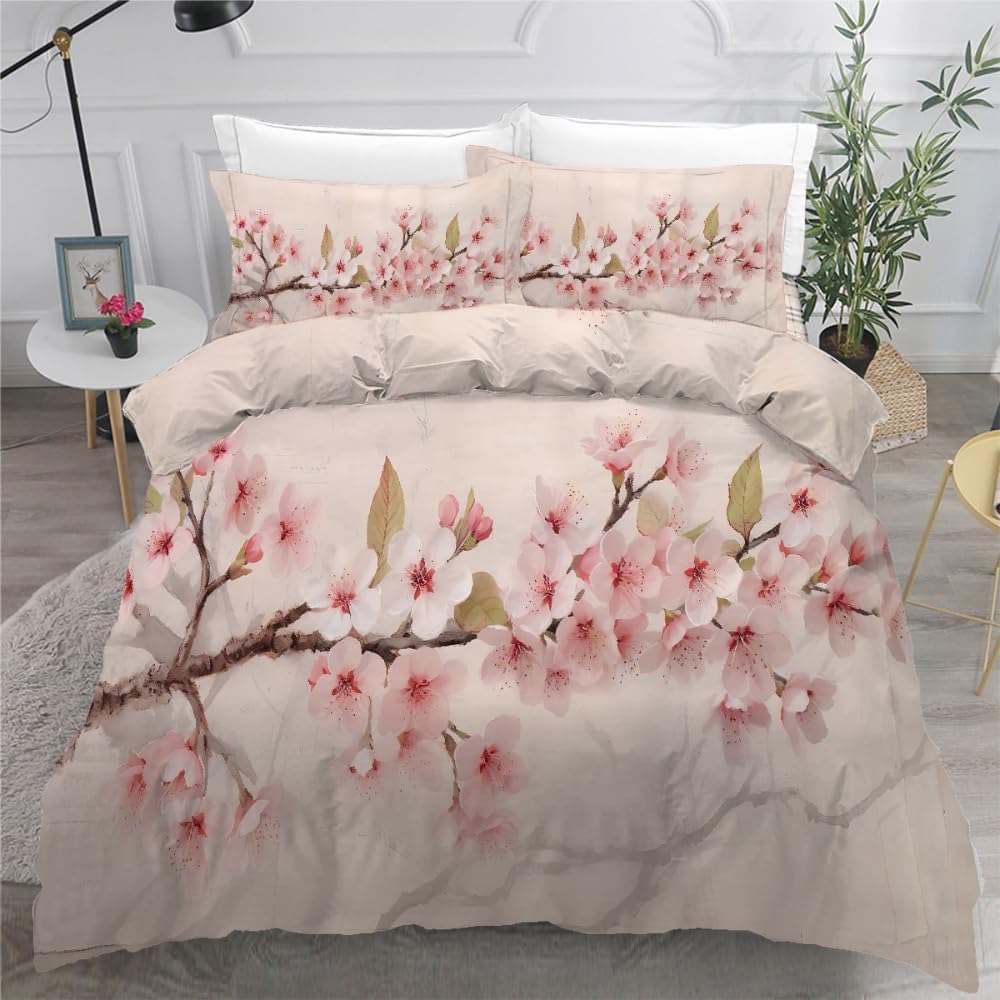 Funda Nordica Cama 105 Juvenil Flor de Durazno Rosa Funda Edredon 200x200 Flores de Primavera 3D Fundas de Edredón Microfibra Ropa de Cama de 3 Piezas con Cremallera y 2 Fundas de Almohada K-1552