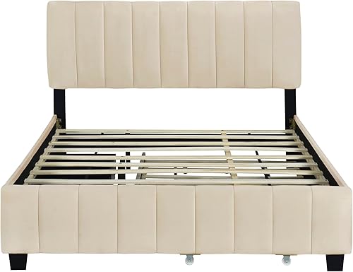 Miniatura 179 de Base de cama LED tapizada tamaño Queen, plataforma flotante de terciopelo con cabecero, MDF moderna y cama de madera contrachapada (beige-081)
