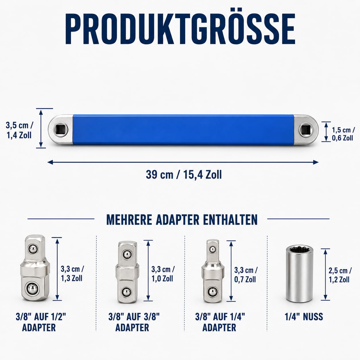 Schraubwerk Offset Schlüssel, Offsets Extension Wrench 39 cm (15 Zoll) Gekröpfter Verlängerungsschlüssel mit 1/4", 3/8", 1/2" Adaptern – Ideal für enge Räume im KFZ-Motorraum – Offset Adapter