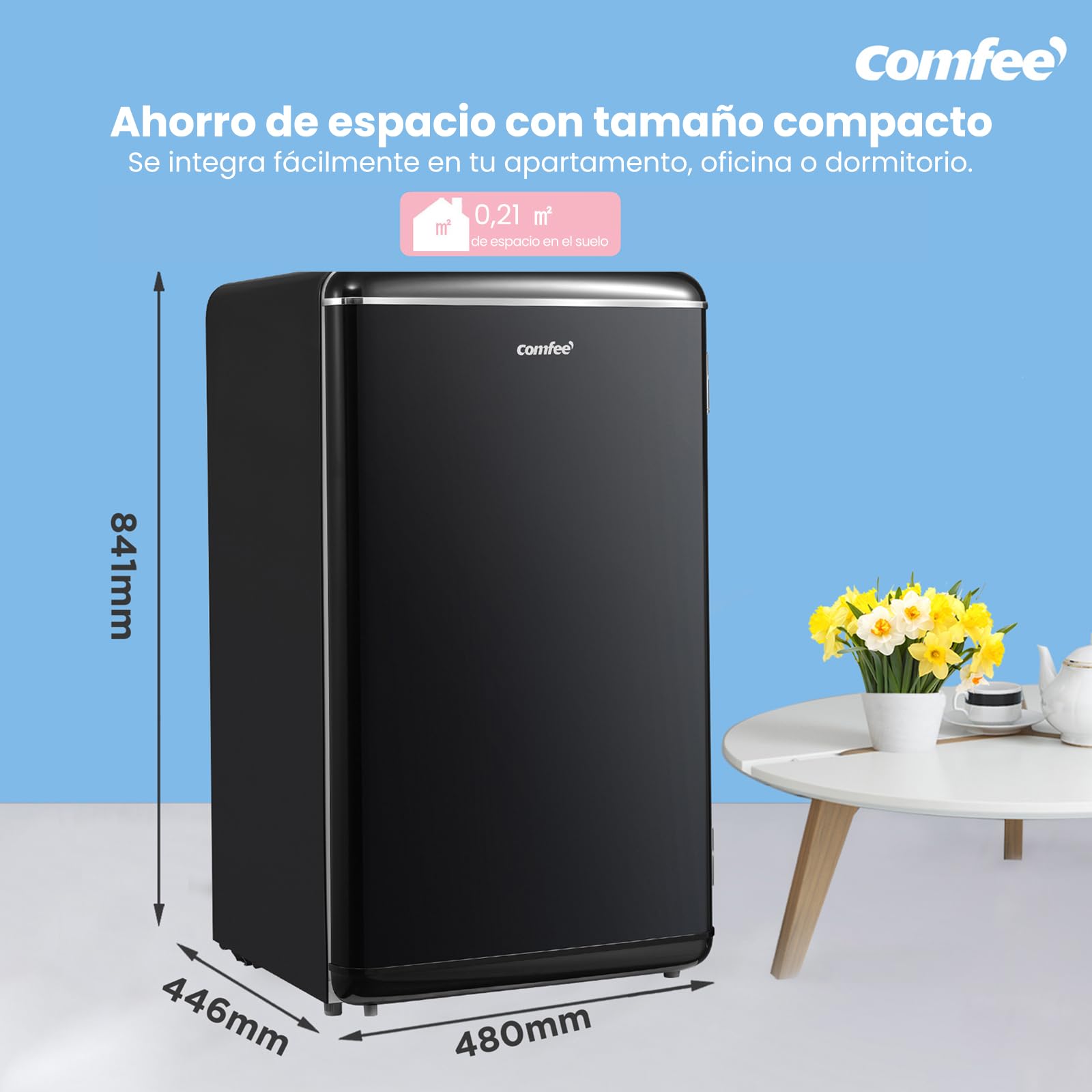 Comfee' 93L Refrigerador Bajo Encimera, Diseño Retro, Negro | Independiente con Compartimento Enfriador, Termostatos Ajustables, Luz LED, Ideal para Hogar y Oficina