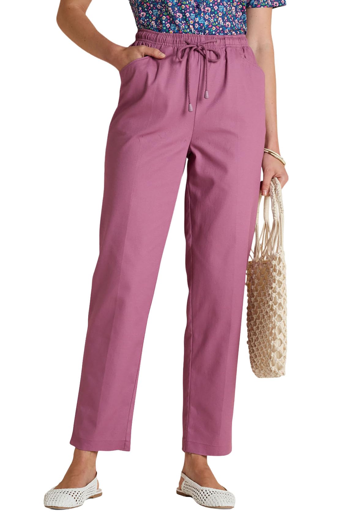Chums Ladies Cotton Trousers with Elasticated Drawcord Waist, Lightweight 100% Cotton Casual Trousers with Pockets Heather 22 Extra Short