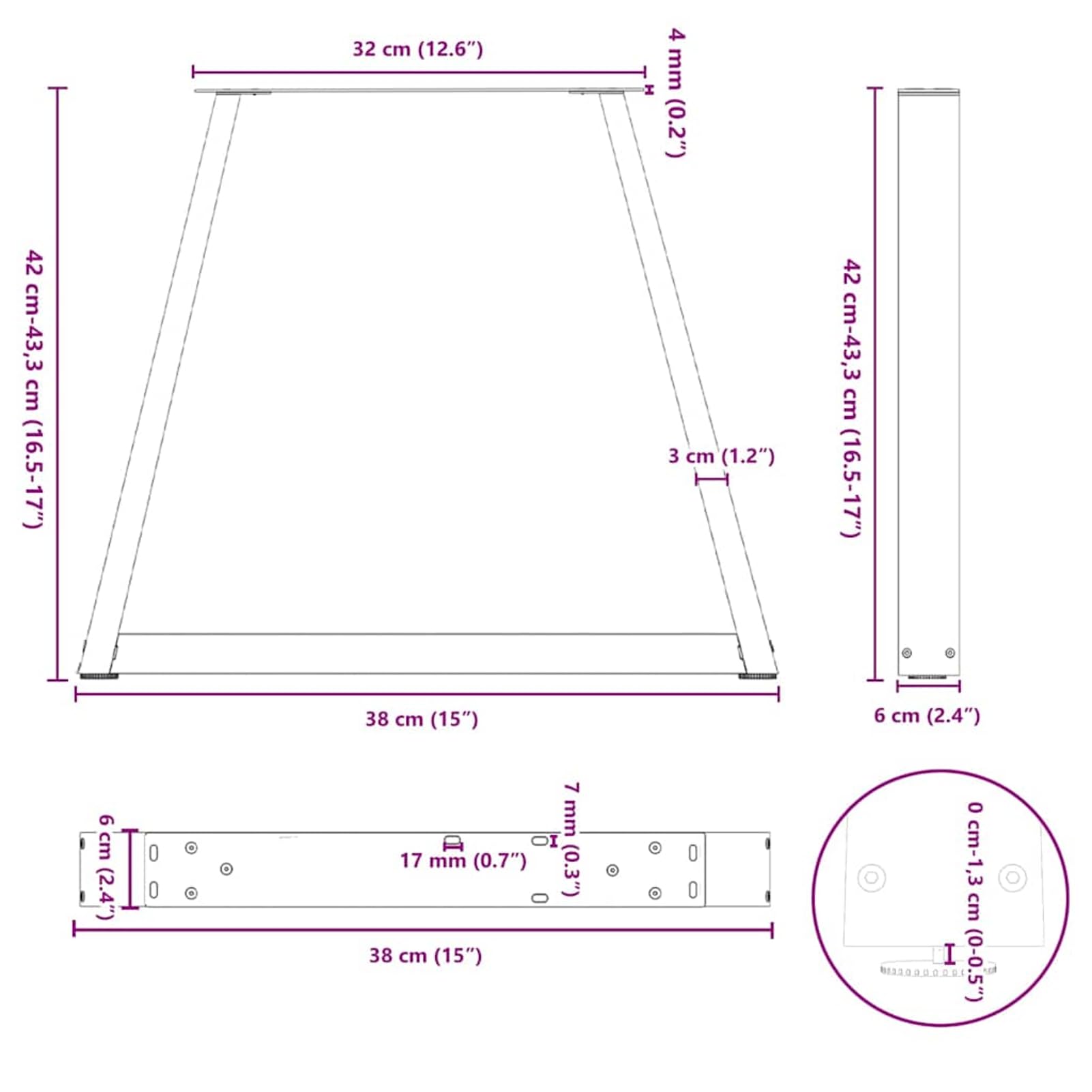 Nogi do stolika kawowego w kształcie litery V, 2 sztuki, 38 x (42 – 43,3) cm, antracytowe, ze stali malowanej proszkowo – z poziomowaniem z tworzywa sztucznego, odpowiednie do stolika kawowego