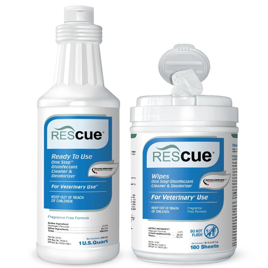 REScue Canister Wipes & RTU 32oz Disinfectant – Disinfectant Cleaner for Vet Use, Designed to Clean Kennels, Litter Boxes & More
